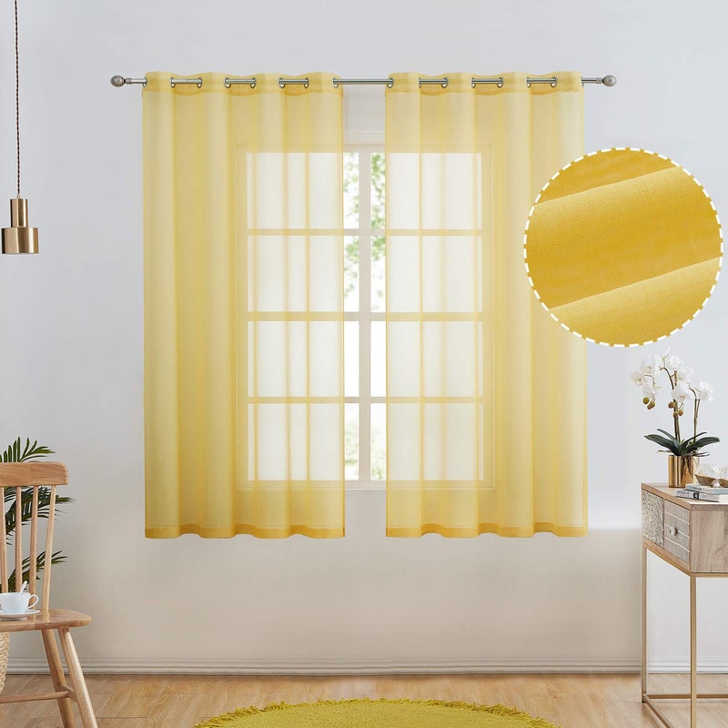 July Joy Semi Linen Look Sheer Curtains for Bedroom, Living Room Grommet Light Filtering Solid Voile Window Curtains, Set of 2 Panels (52 x 63 inch, Yellow) - Image 1